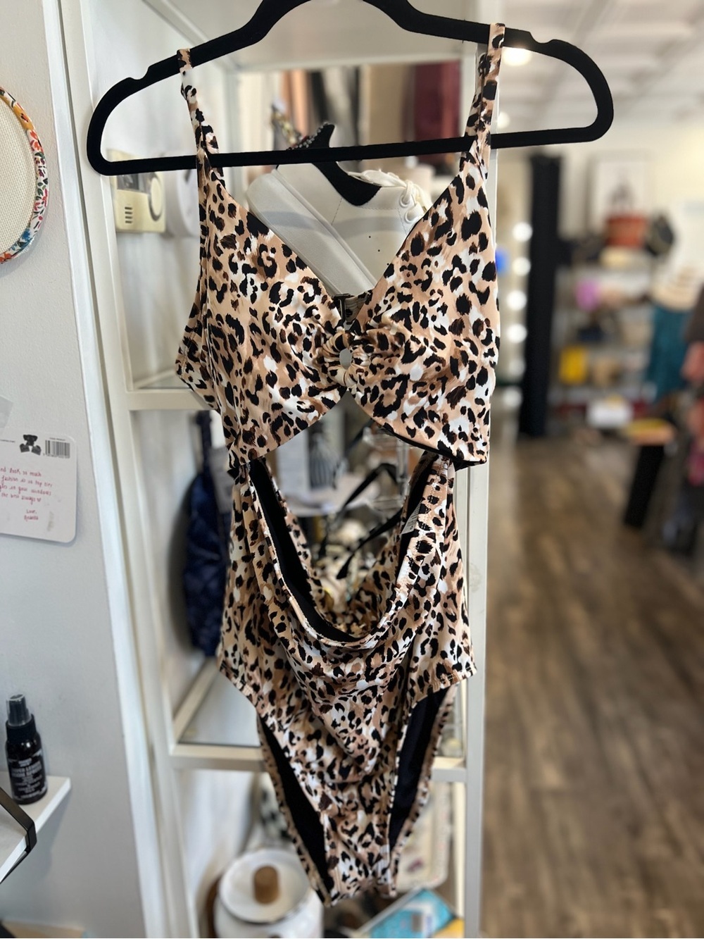 Time and Tru Leopard Print One-Piece Swimsuit in Tan Black Cream